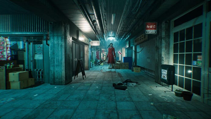 A PR screenshot of Ghostwire: Tokyo showing a dark, enclosed alley. Under a strip light floats a Yokai in the form of a woman in a red coat, with a huge mouth splitting her face, and holding a pair of large shears