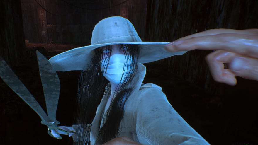 The protagonist in Ghostwire: Tokyo is attacked by a spirit - a woman with a masked face, holding a pair of giant shears