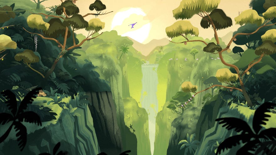 A screenshot of Gibbon: Beyond The Trees showing a jungle landscape with a gibbon leaping high in the air between two trees.