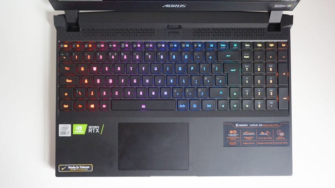 A photo of the Gigabyte Aorus 15G gaming laptop's keyboard