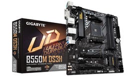 The Gigabyte B550M DS3H motherboard, next to its packaging box, against a white background.