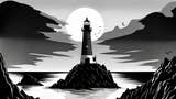 A lighthouse stands stark before a moon and craggy coastline in this art for the game GlagStone.