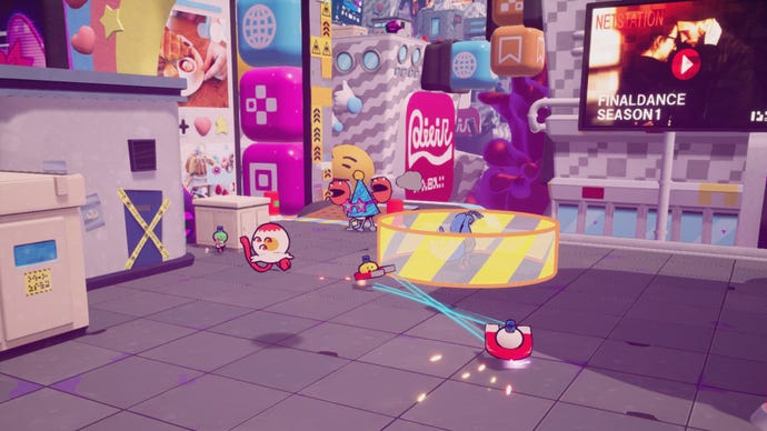 Glitch Busters use their magnetise abilities to whizz about on the ground in a cute cityscape.