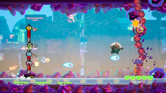 A stack of Glitch Busters in a sidescroller section, where they shoot a wall of gunky glitches.