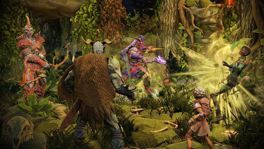 Một pháp sư tấn công một nhóm người chơi trong một khu rừng ở Gloomhaven