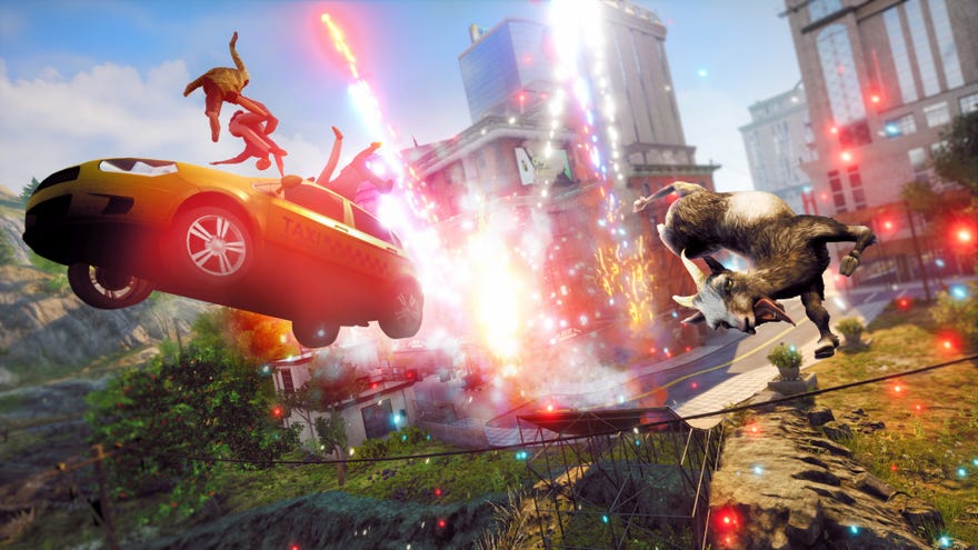 A goat leaps through the air alongside a taxi while backed by fireworks or explosions in Goat Simulator 3.