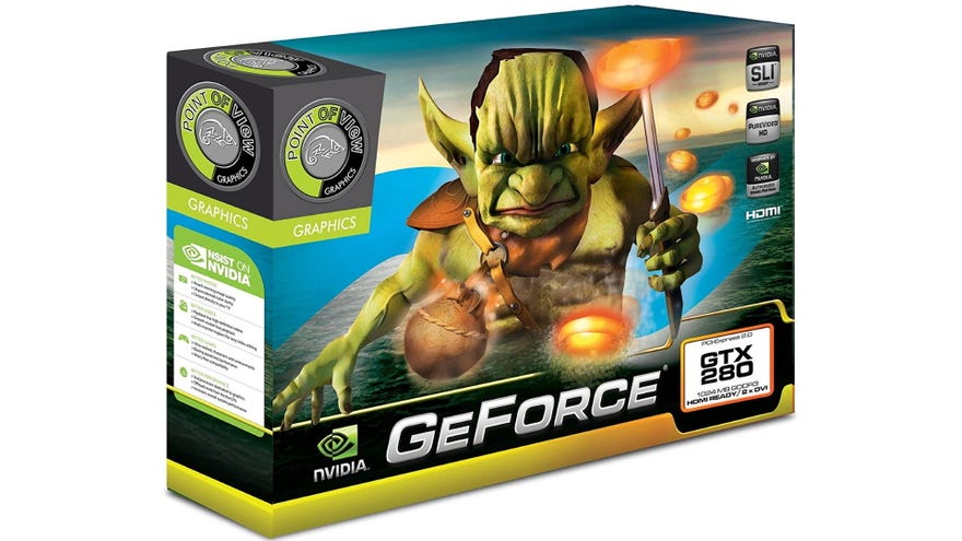 A graphics card box for Nvidia's GTX 280 GPU depicting a goblin holding a strange dagger with what looks to be a glowing bagel on top of it
