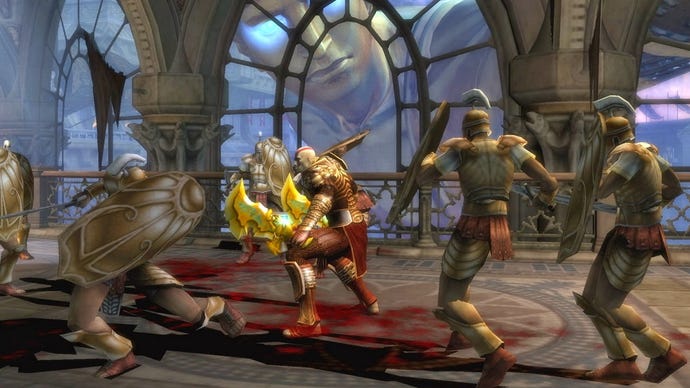 Kratos fights off multiple Spartans in God Of War 2.