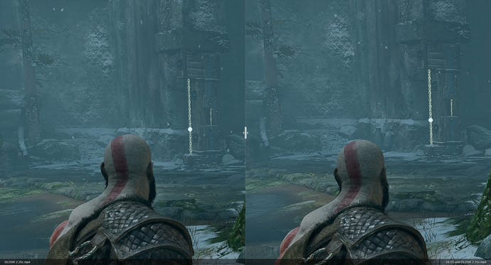 A God of War graphics comparison image showing DLDSR on the left versus a combination of DLDSR and DLSS on the right.