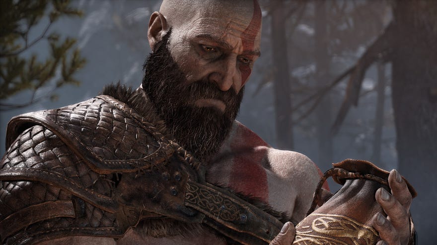 Kratos holds his wife's ashes in a screenshot from God of War's PC edition.