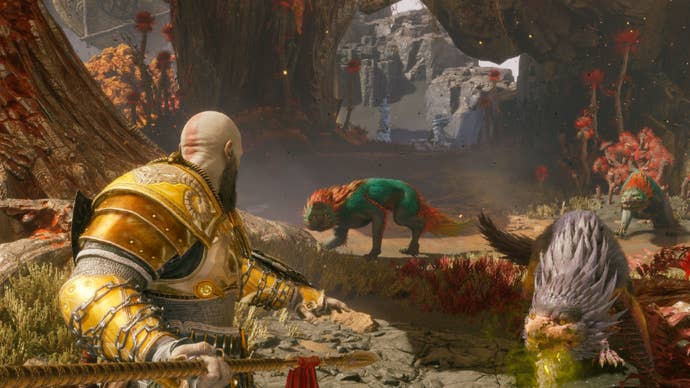Kratos luchando contra algunas criaturas en God of War Ragnarok Valhalla.
