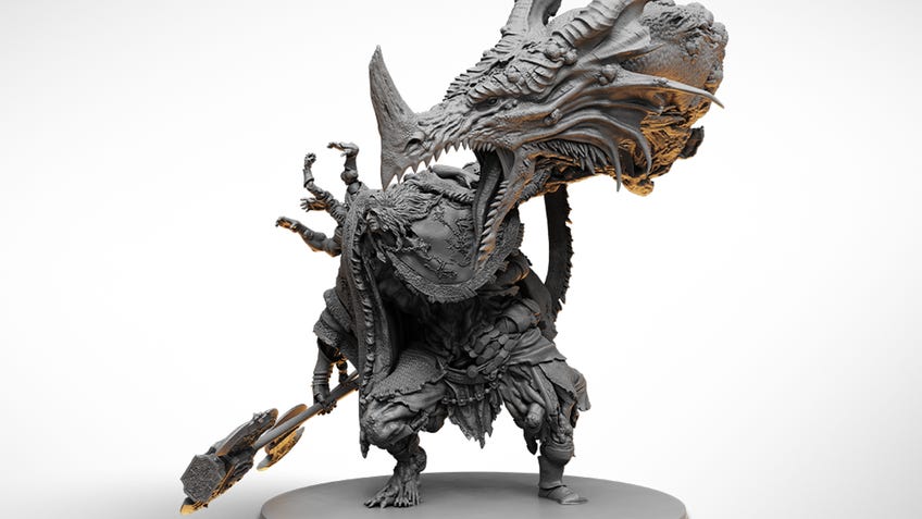An image of the miniature of Godrick the Grafted from Elden Ring Board Game.