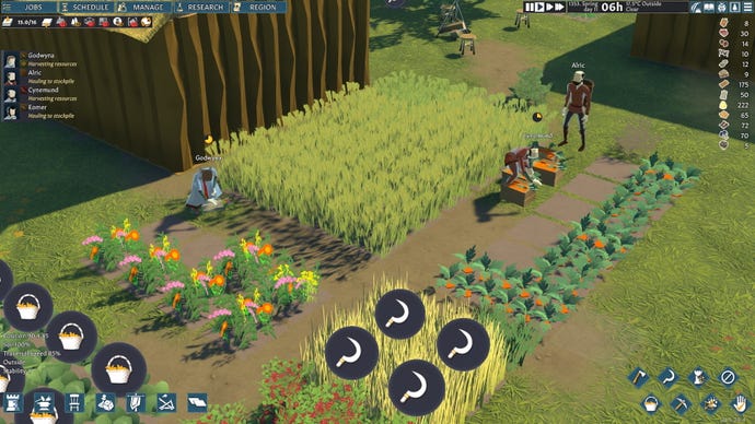 Farmers tend to crops in a field in Going Medieval