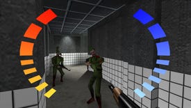 A first-person James Bond regards to soldiers down the scope of his weapon in GoldenEye 007.