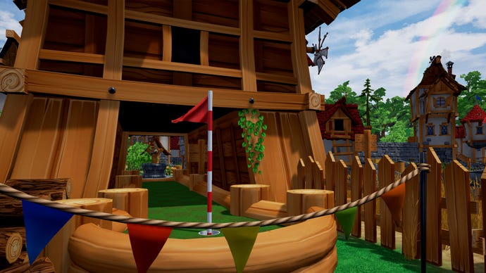 A close up of the hole with a flat in a minigolf course in Golf It!