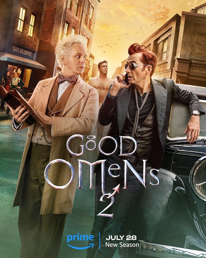 Poster featuring Aziraphale and Crowley with Michael in the background