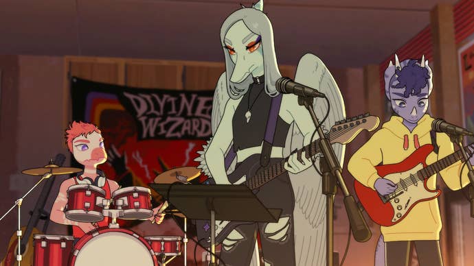 Worm Drama (left to right: Reed on drums, Fang on guitar, Trish on bass) practice their music.