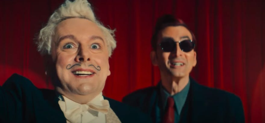 Still image from Good Omens featuring Crowley and Aziraphale