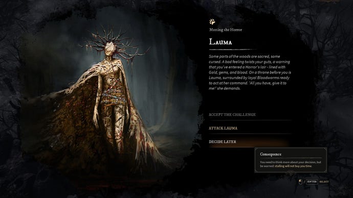 An encounter screen with the Horror Lauma from Gord
