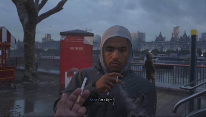 لقطة شاشة MW3 تظهر اللاعب وهو يشعل سيجارته بواسطة أحد الشخصيات غير القابلة للعب