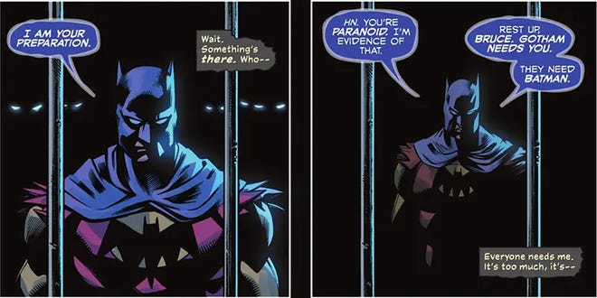 Batman of Zur-en-Arrh appears in Bruce's mind