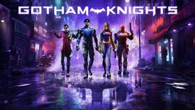 Key art for Gotham Knights featuring Robin, Nightwing, Batgirl, and Red Hood striding through a neon-soaked city night.