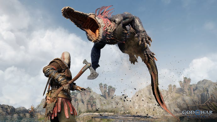 Kratos fights Dreki the Crocodile in God of War Ragnarok