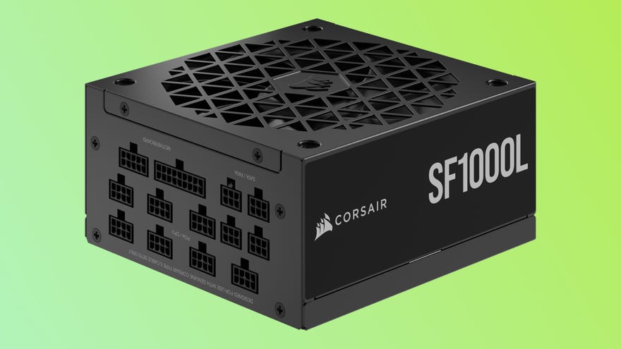 a corsair sf1000l power supply with a gradient background behind it looking cool. the power supply sports a modular sfx-l design