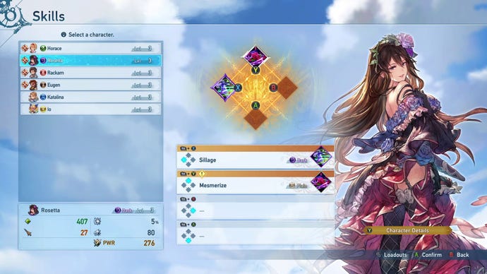 Der Charakterauswahlbildschirm in Granblue Fantasy: Relink zeigt Rosetta, eine magische Figur mit Rosenmotiv