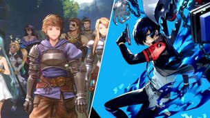 The Granblue Fantasy: Relink cast walking out of the woods, and Persona 3's main character posed with a gun in front of a blue background, blue flames around him, his persona looming behind him.