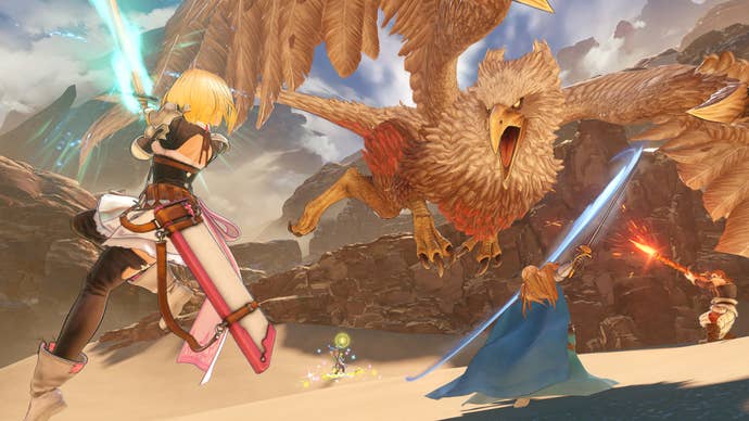Granblue Fantasy: Relink still of Djeeta and co fighting a Griffin in a desert canyon
