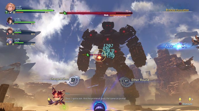 Granblue Fantasy: Relink recensione: un JRPG elegante e fedele alla rule of cool 2 A boss fight against a huge automaton in a desert in Granblue Fantasy: Relink