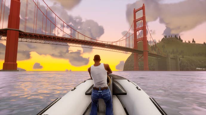CJ dirige una lancha rápida en Grand Theft Auto San Andreas
