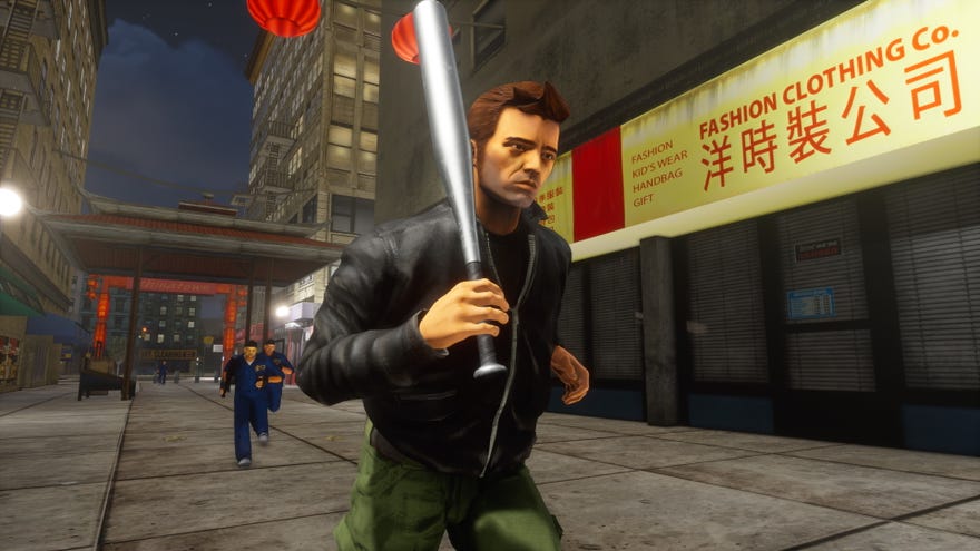 Running away with a baseball bat in a GTA 3 screenshot from Grand Theft Auto: The Trilogy – The Definitive Edition.