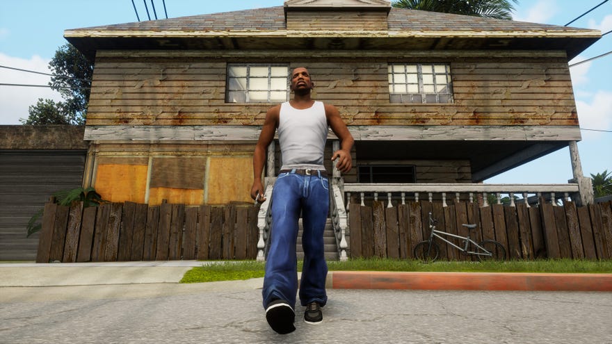 CJ leaves his house in a GTA San Andreas screenshot from Grand Theft Auto: The Trilogy – The Definitive Edition.
