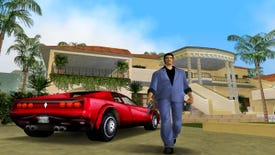 A screenshot of GTA: Vice City in which the game's protagonist is walking next to a fancy car, in front of a fancy house.