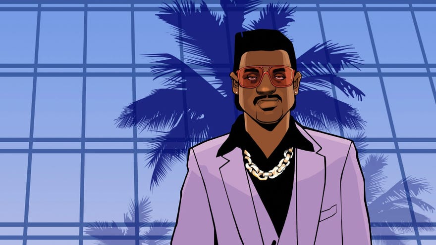 Grand Theft Auto: Vice City artwork of Lance Vance standing in front of a window-walled building with a reflection of a palm tree.