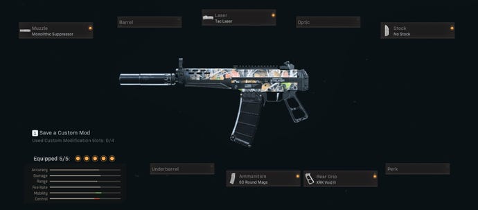 This Grau 4.45 loadout has the Monolithic Suppressor, Tac Laser, No Stock, 60 Round Mags, and XRK Void II attachments on it.