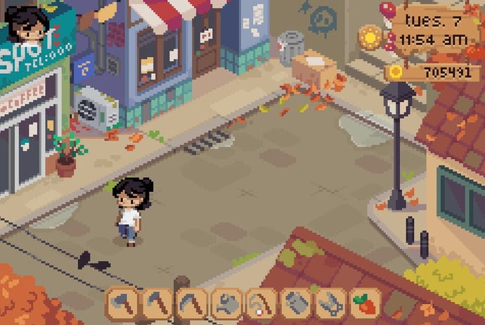 A pixel art character walks around a cute street in Grave Seasons