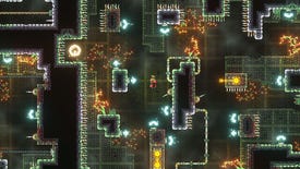 A small figure falls through a maze of platforms in Gravity Castle