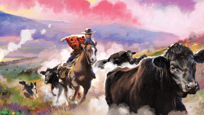 The front cover for Great Western Trail: Argentina - depicting a cowherd herding a cow
