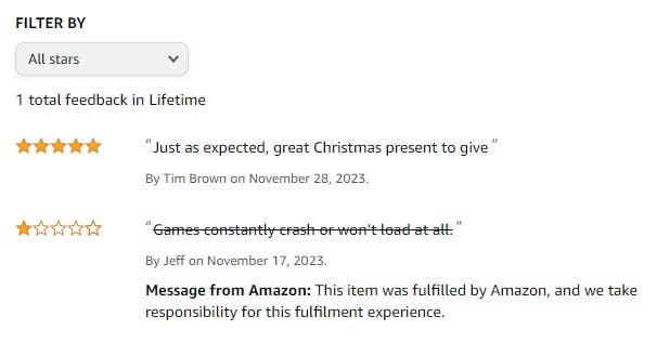 Screen capture of Amazon.ca reviews of marketplace seller Greatt Gamer. A one-star review saying 