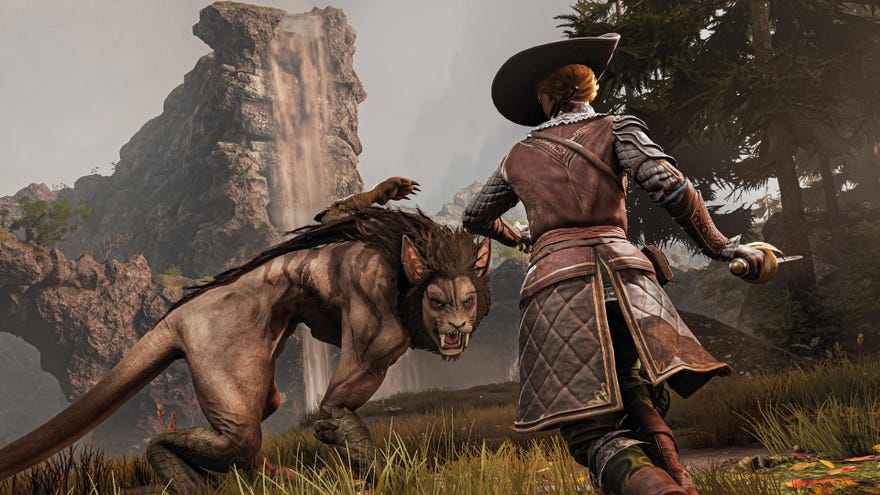 GreedFall expansion - The protagonist runs toward a large cat-like creature with a mane and tail, ready to fight.