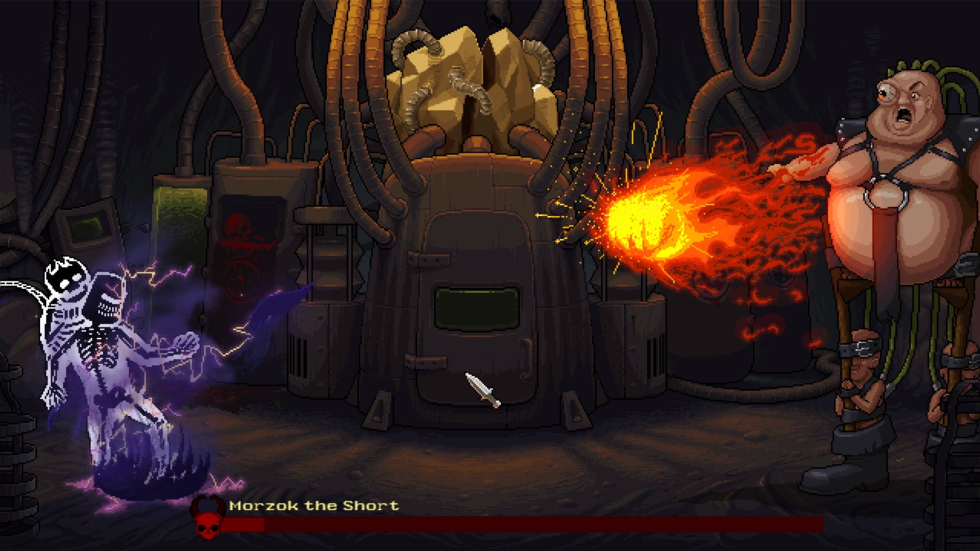 Morzok, the Short, a bald cyborg with a bulging right eye, shoots a fireball at an electrified knight in Greedventory.