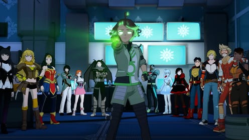 still animated image featuirng a teenaged Green Lantern standing in front of a group, using her ring