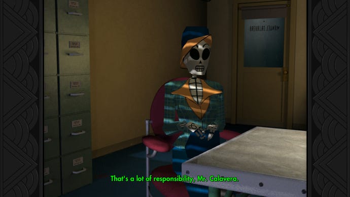 Mercedes, a smartly dressed feminine skeleton, consults Manny in Grim Fandango Remastered