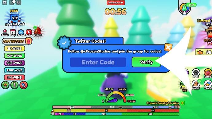 Arrow pointing at the menu used to redeem codes in the Roblox game Grimace Race.