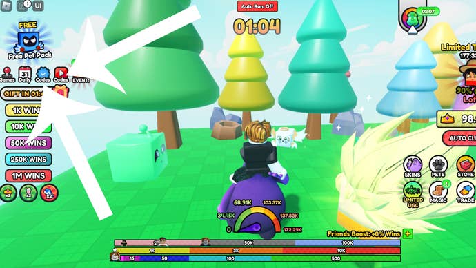 Arrows pointing at the buttons players need to press to redeem codes in the popular Roblox game Grimace Race.