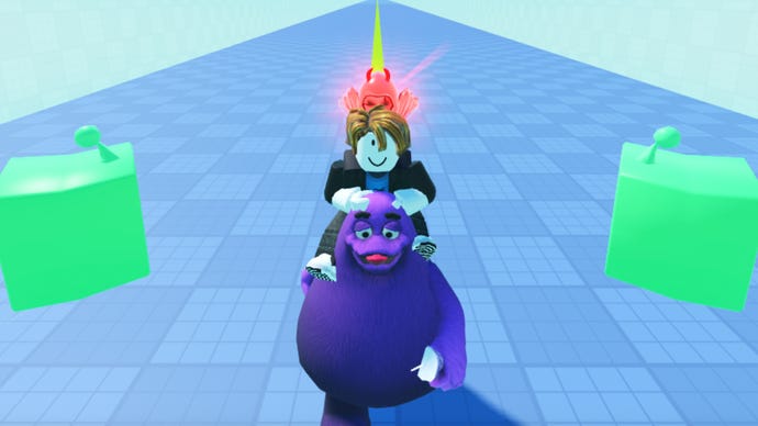 A Roblox character speeding through a race course while riding a cute grimace character in the game Grimace Race.