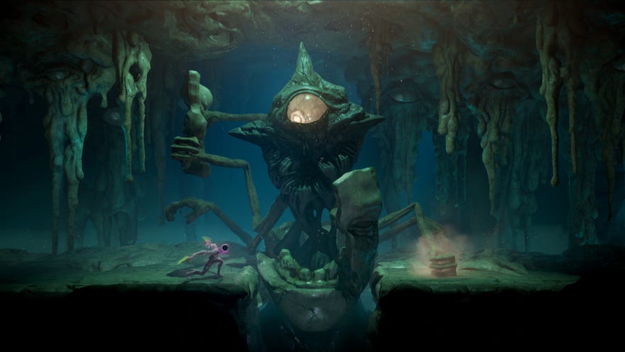 Grime - The player character runs beneath a boss that looks like a giant rock with a single eye and several arms.
